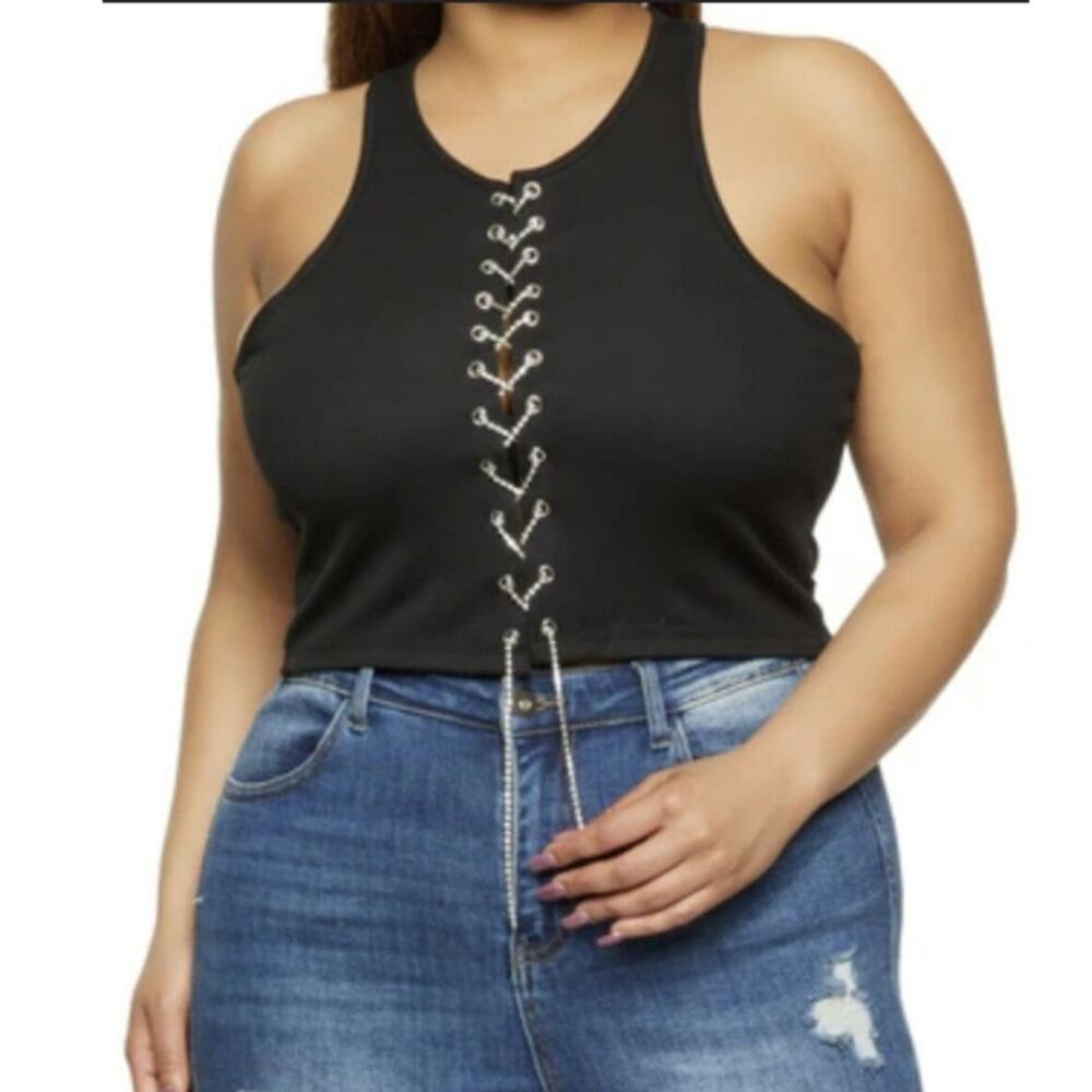 Eye candy Y2K‎ jeweled lace up front ribbed cropped tank top woman's size 1X